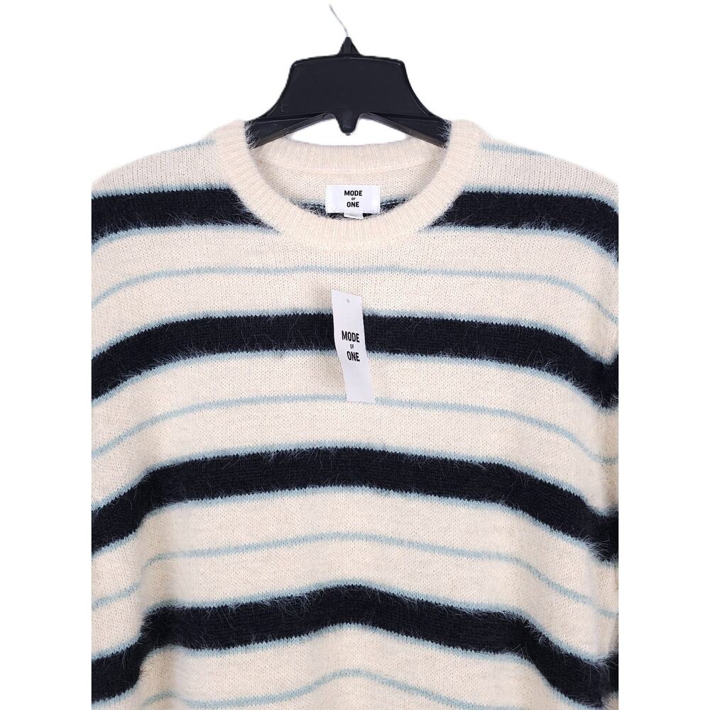 Mode Of One Mens Relaxed Fit Striped Sweater Sz Small Dark Ecru Eyelash Yarn NWT - Picture 3 of 5